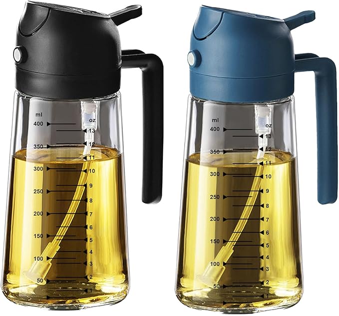 TrendPlain 16oz/470ml Glass Olive Oil Sprayer for Cooking – 2 in 1 Olive Oil Dispenser Bottle for Kitchen Gadgets and Air Fryer Accessories, Salad, BBQ - Black & Navy