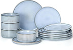 E-far 12-Piece Plates and Bowls Sets, Stoneware Dinnerware Dishes Sets for 4, Kitchen Modern Dining Dishware, Chip & Scratch Resistant, Microwave & Dishwasher Safe, Dusty Blue