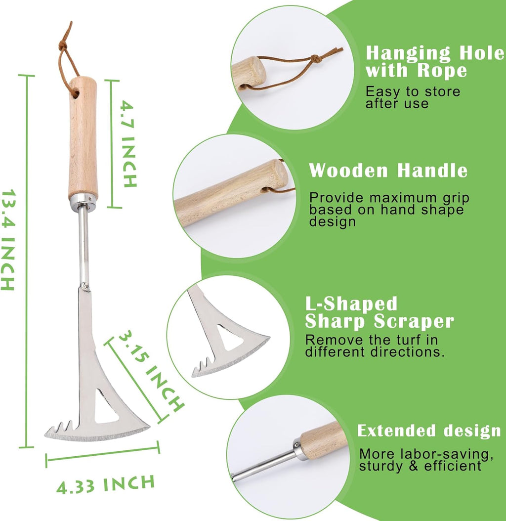 Crack Weeder, 13.4" Stainless Steel Crevice Weeding Tool with Wood Handle, L-Shaped Side-Walk Weed Puller Spatula, for Garden Lawn Yard Patio Terrace Paving Moss, Small Gardening Tool