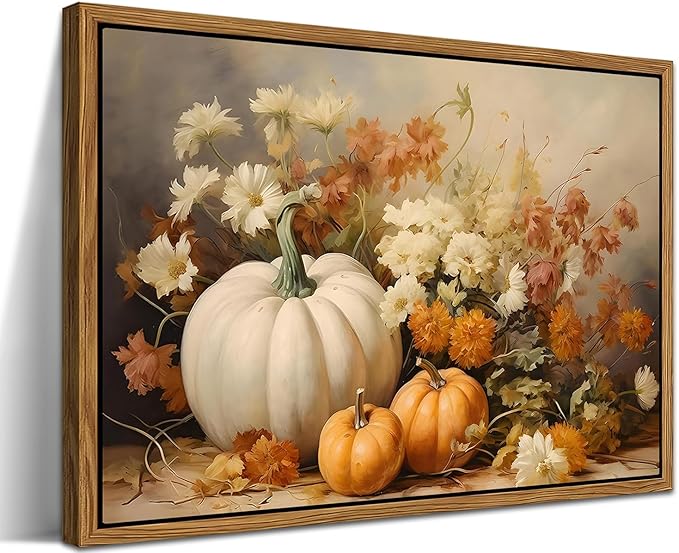Framed Fall Pumpkin Canvas Wall Art - Farmhouse White & Orange Pumpkins Still Life Pictures Prints, Autumn Halloween Thanksgiving Wall Decor for Living Room Kitchen 12x16 inch