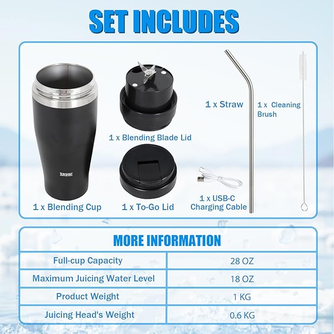 Ice Shave 2-in-1 Stainless Steel Vacuum Tumbler & Cordless Blender - 28oz, Leak Resistant, Cold 24Hrs/Ice 2 Days, 120 Watts with Waterproof Charging - For Smoothies, Home/Office/Car, Black