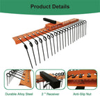 48" Durable Pine Straw Rake Steel Spring Landscape Rake Fits 2" Receiver for Lawn Tractors or ATV/UTV，Orange