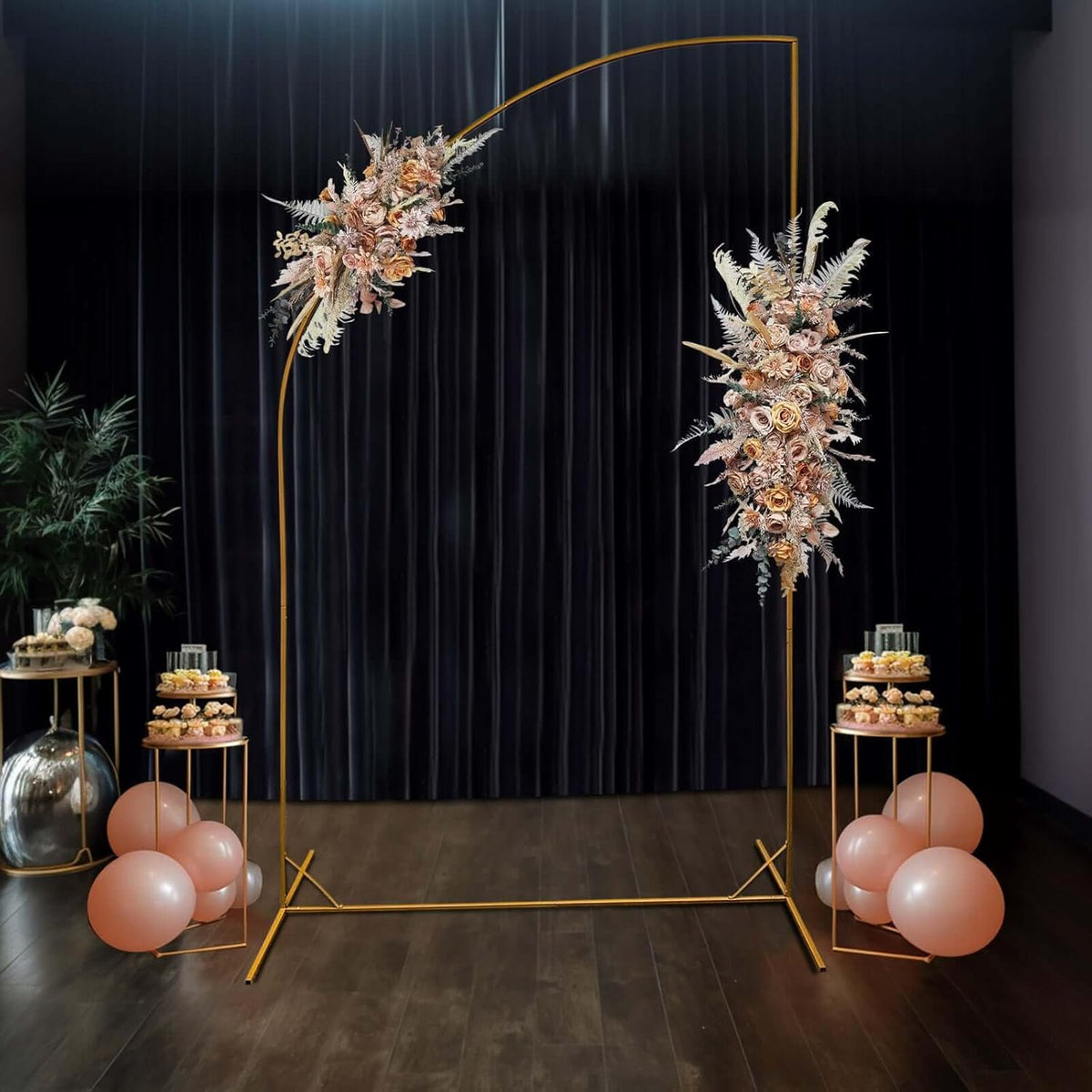 Tableclothsfactory 8ft Gold Metal Wedding Arch Chiara Backdrop Stand, Half Moon Floral Frame Arbor Display