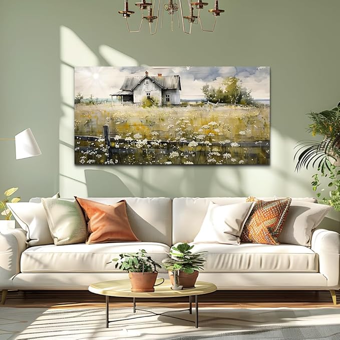 FUHAIHUA Framed Wall Decor Living Room Aesthetic Canvas Wall Art For Bedroom Office Wall Decorations Rural Landscape Paintings Farmhouse Watercolor Pictures Mural Artwork Room Home Decor 20x40 In