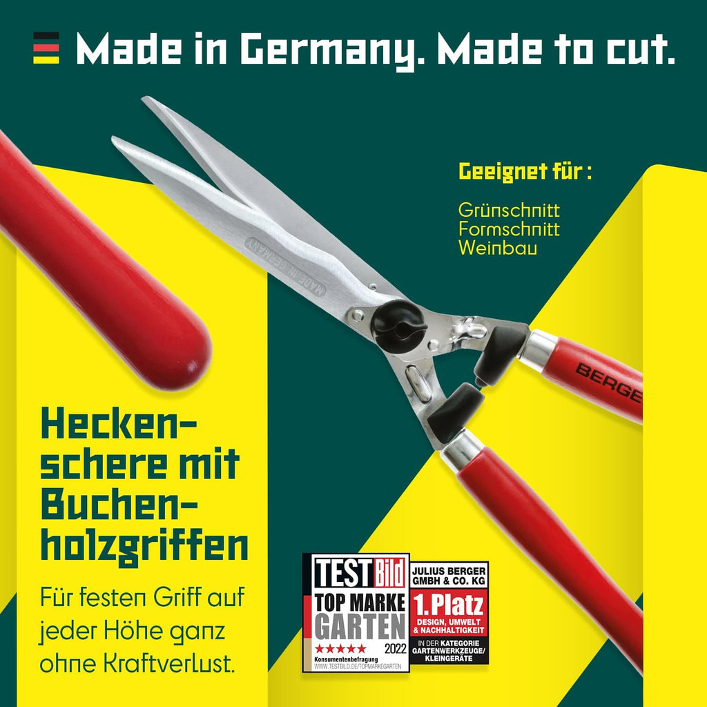BERGER Professional Hedge Shear, Self-Sharpening 9.45" Steel Blades, Chrome-Plated Wavy Blades, 2 Sap Grooves to Prevent Sticking, Wood Handles, 4590