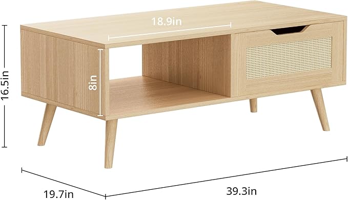 Oak Rattan Coffee Table, Mid Century Modern with Drawer & Shelf, 39'' Wooden Boho Coffee Table for Living Room
