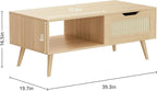 Oak Rattan Coffee Table, Mid Century Modern with Drawer & Shelf, 39'' Wooden Boho Coffee Table for Living Room