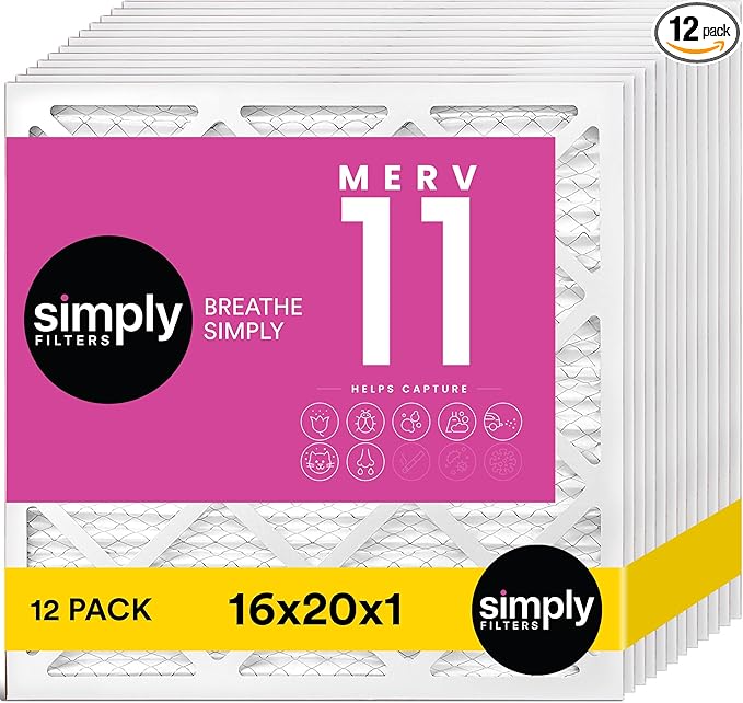 Simply 16x20x1 Air Filter, Merv 11, 12 Pack, For Home AC Furnace & HVAC (Actual Size: 15.75"x19.75"x0.75") DUST, Pet, & Allergy Control