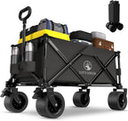 Collapsible Wagon Cart with Silent All-Terrain Wheels, Foldable Heavy Duty Beach Wagon with 330LB,Folding Cart with Cup Holders and Brakes for Camping, Garden,Shopping,Sports Black