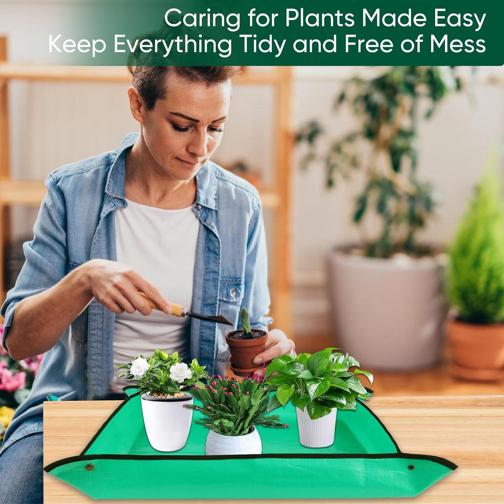 HKZ Repotting Mat for Indoor Plant - 26'' x 26'' Planting Mat Soil Mess Control, Portable Succulent Planting Potting Tray Waterproof Gardening Transplanting Bonsai Tools(Pale Green)
