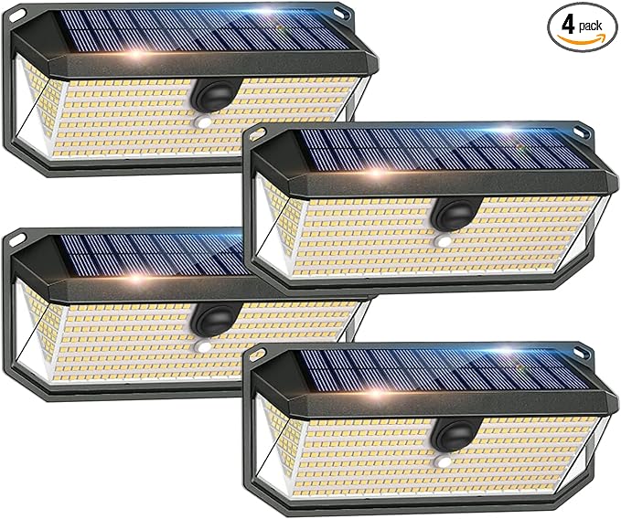 Solar Lights Outdoor, 4000LM 380 LEDs Solar Motion Lights Outdoor Waterproof, 3 Modes 270° Wide Angle Security Light for Stairways/Front Door/Garage/Deck（4 Pack）