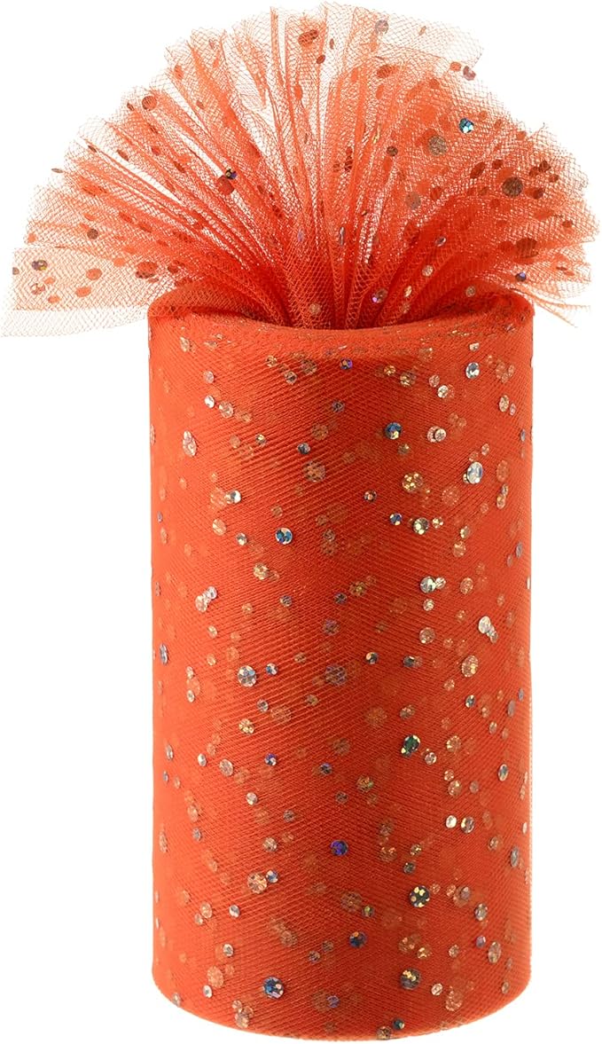 Glitter Tulle Rolls, 6' by 50 Yards (150FT) Sequin Tulle Netting Fabric for Tutu Skirts Sewing Birthday Wedding Party Decoration (Orange)