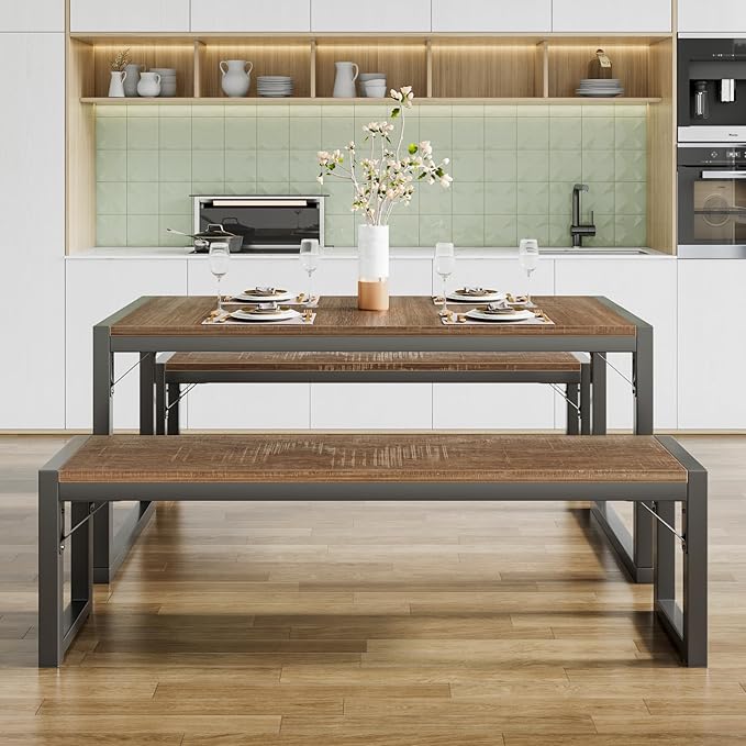 SHA CERLIN Kitchen Dining Table Set for 4 with Benches, Rustic Small Space Saving Dinette, Heavy Duty Metal Frame