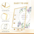 Acrylic Gold Frames 5 x7, Slanted Back Gold Picture Frames Table Acrylic Sign Holder for Photos Wedding Table Numbers and Art Display with Removable Clear Sticky Dots,3 Pack
