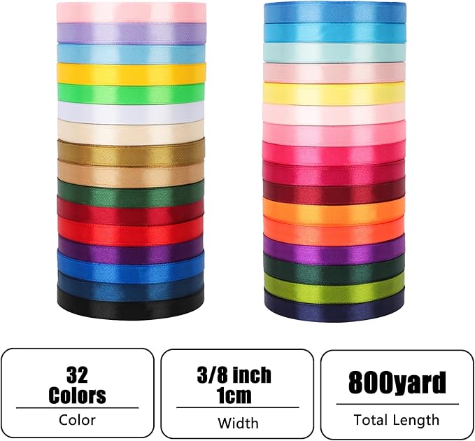 NESCCI 800 Yards Ribbon,3/8 Inch Satin Ribbon,Single Face Satin Ribbons, Perfect for Gift Wrapping,Wedding Decoration,Handmade Bows,Wrapping Bouquet, Halloween, Christmas