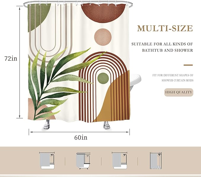 Glawry Green Brown Boho Shower Curtain Abstract Mid Century Plant Tropical Leaves Modern Geometric Bathroom Minimalist Arch Curve 60Wx72L Inches Bath Accessories Art Home Decor Fabric 12 Pack Hooks