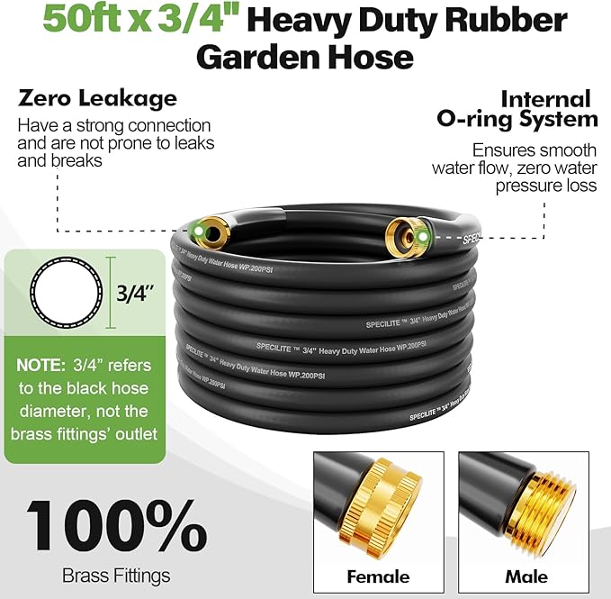 SPECILITE 3/4" Garden Hose 50 ft with High Flow Nozzle, Heavy Duty Flexible Hybrid Rubber Water Hose for Outdoor, Lightweight, Leak-Proof, No-Kink, 3/4"Brass Fittings,Black