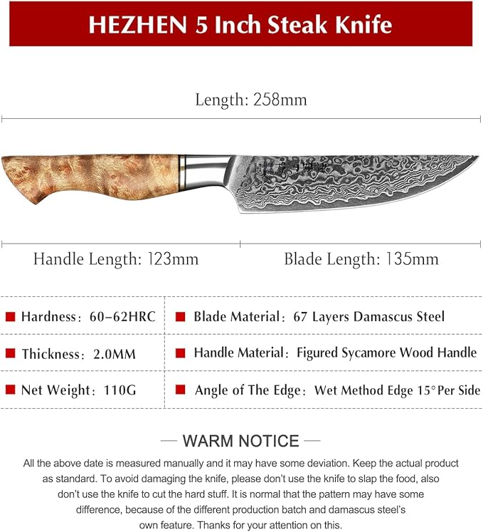 HEZHEN 6PCS Kitchen Knife Set Professional Forged Damascus High Carbon Steel Steak Knife Figured Sycamore Wood Handle-Porcelain Gift Package
