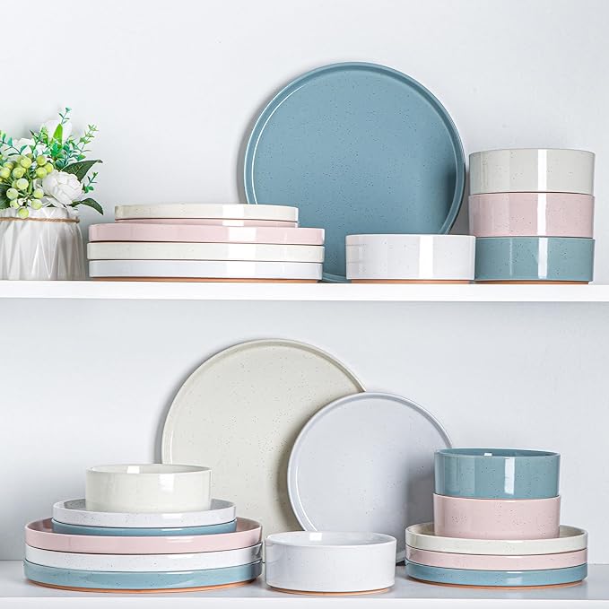 AmorArc Ceramic Dinnerware Set for 8 | Handpainted Stoneware Plates and Bowls with Rustic Terracotta Underside| Scratch Resistant,Dishwasher & Microwave Safe Dishes Sets- 24pcs Colorful