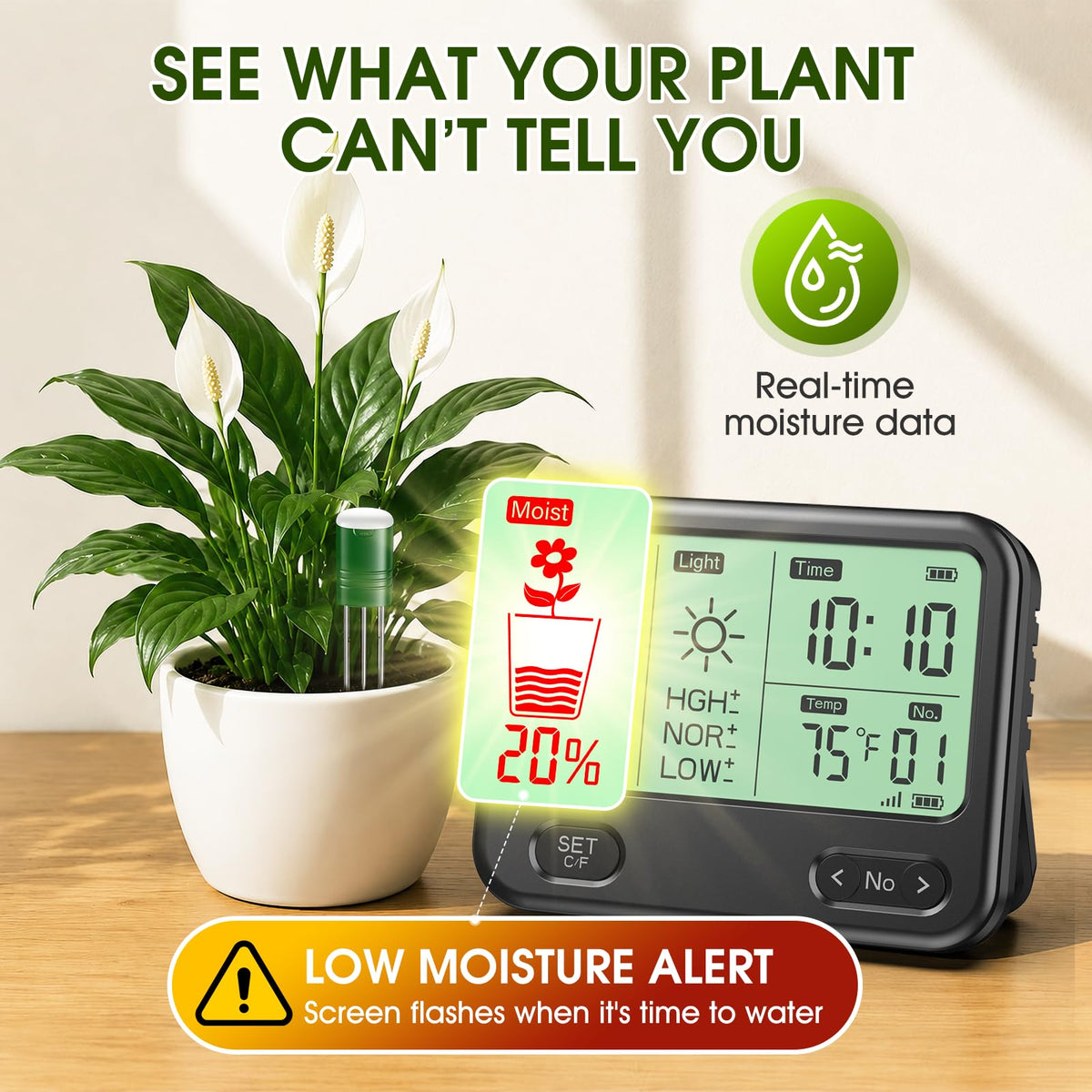 Soil Moisture Meter for Plants,4-in-1 Wireless Soil Tester,Soil Thermometer/Moisture/Sunlight Time,Large Screen,Indoor/Outdoor Plant Water Meter,Garden Soil Test Kit for Lawn,Farm,Houseplants