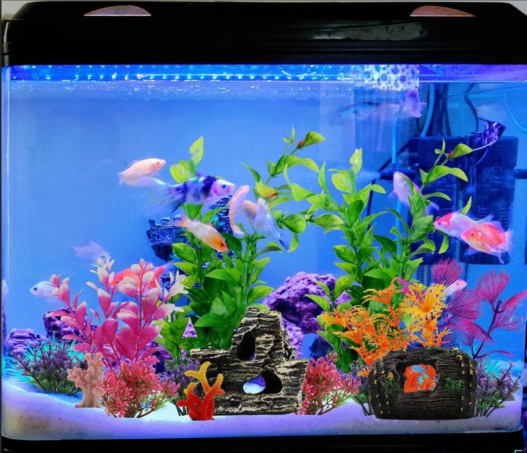 Fish Tank Decorations Plants with Resin Broken Barrel and Cave Rock View, 15pcs Aquarium Decorations Plants Plastic,Fish Tank Accessories, Fish Cave and Hideout Ornaments, Aquarium Decor