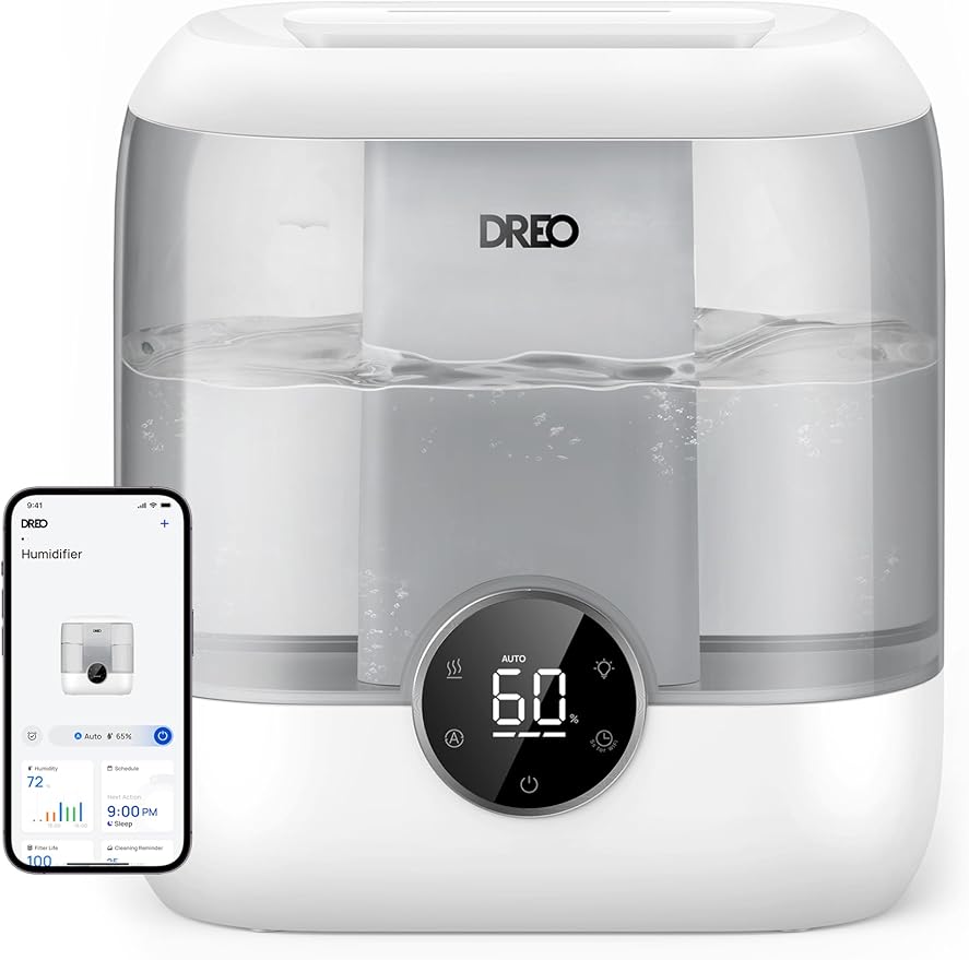 Dreo Smart Humidifiers for Bedroom, 6L Top Fill Supersized Cool Mist Humidifier for Large Room, 60 Hour Runtime, Quiet Ultrasonic Humidifiers for Plants, Baby, Nursery, Indoor, Home, Night Light, Gray