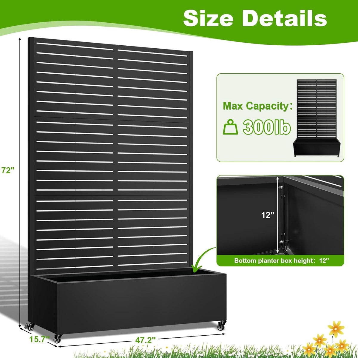 Metal Planter Box with Trellis, 72"x47"x16" Metal Raised Garden Bed with Trellis, Trellis Planter Box with Drainage Holes & Lockable Casters for Climbing Plants, Vegetables, and Vines