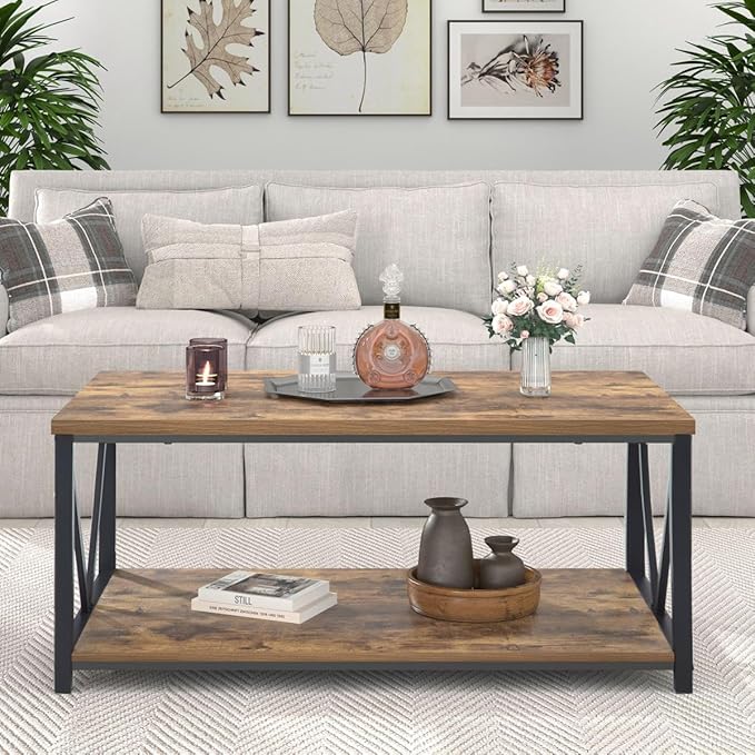 EXCEFUR Modern Coffee Table, Industrial Metal and Wood Living Room Table with Storage Shelf, Rustic Brown