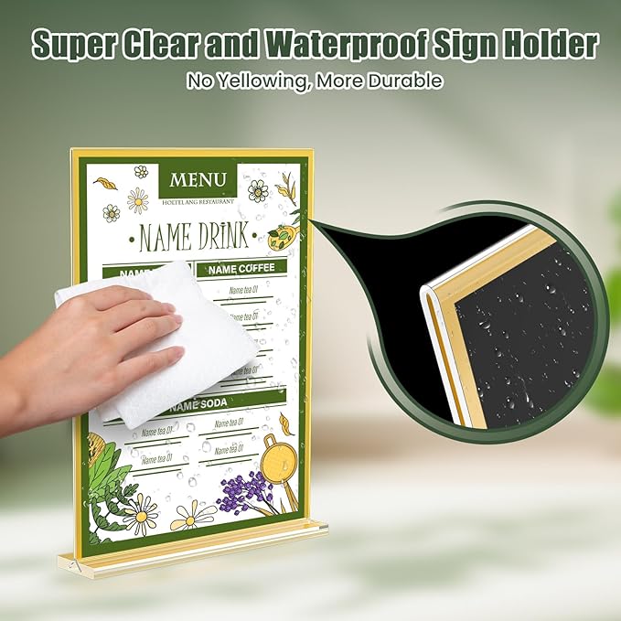 Acrylic Sign Holder 8.5 x 11,9 Pack Clear Sign Holder Double Sided Gold Table Menu Vertical Desktop Display Stand Paper Flyer Holder Tabletop Sign Holder Suitable for Restaurants, Office, Store,Hotels