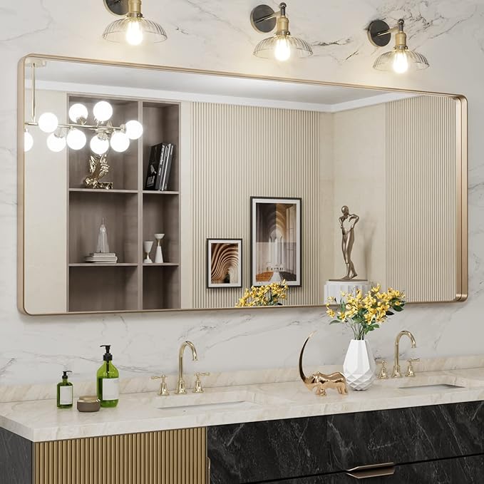 LOAAO 72”X32” Gold Bathroom Mirror, Rounded Rectangle Gold Frame Mirror, Brushed Gold Bathroom Vanity Mirror Wall-Mounted, Anti-Rust, Tempered Glass, Hangs Horizontally or Vertically
