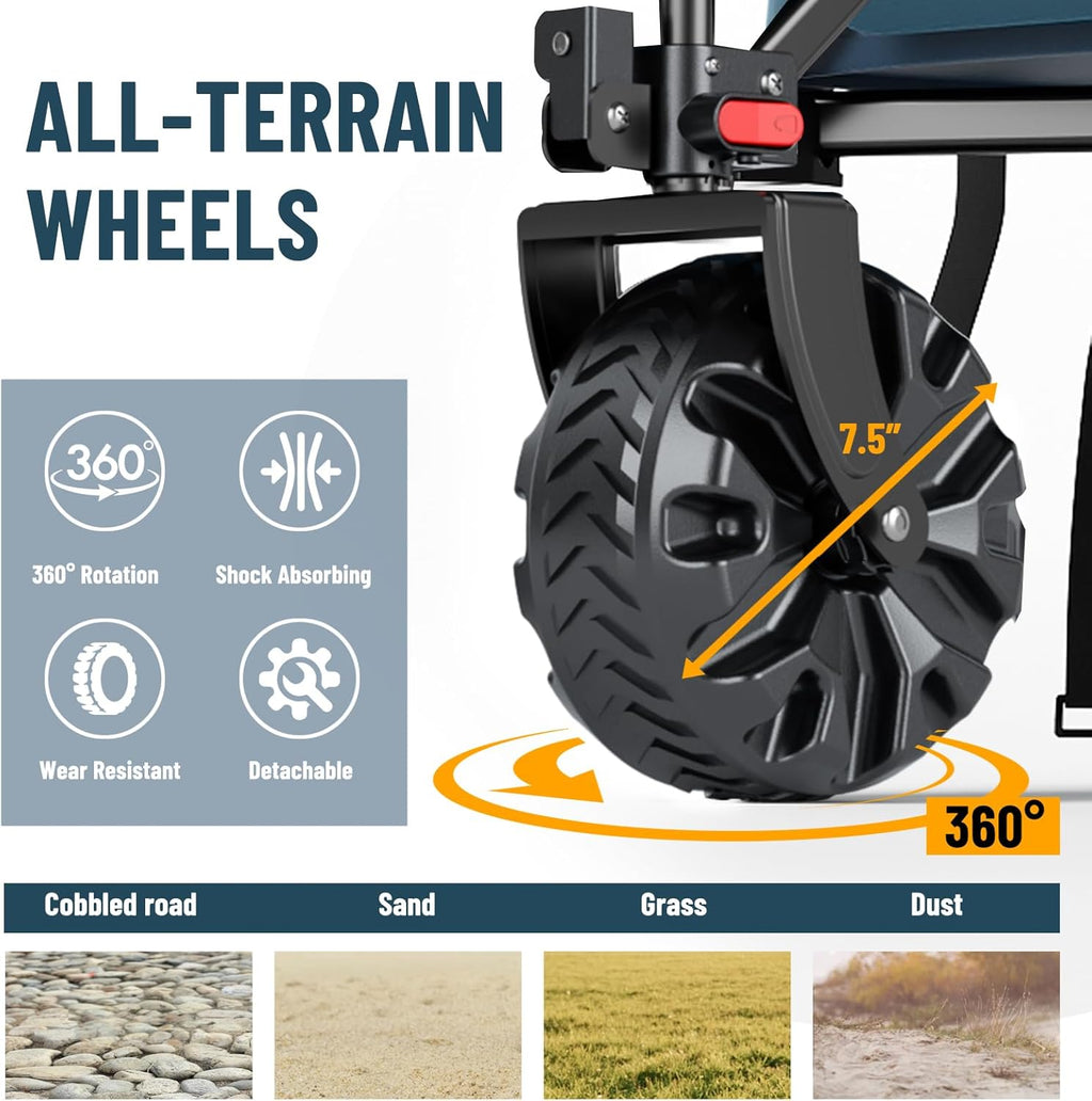 TIMBER RIDGE Foldable Wagon 350L Extendable Height, Large Capasity Collapsible Wagon Cart with All Terrians Detachable Wheels, Compact Folding Utility Wagon for Camping, Fishing, Shopping Navy