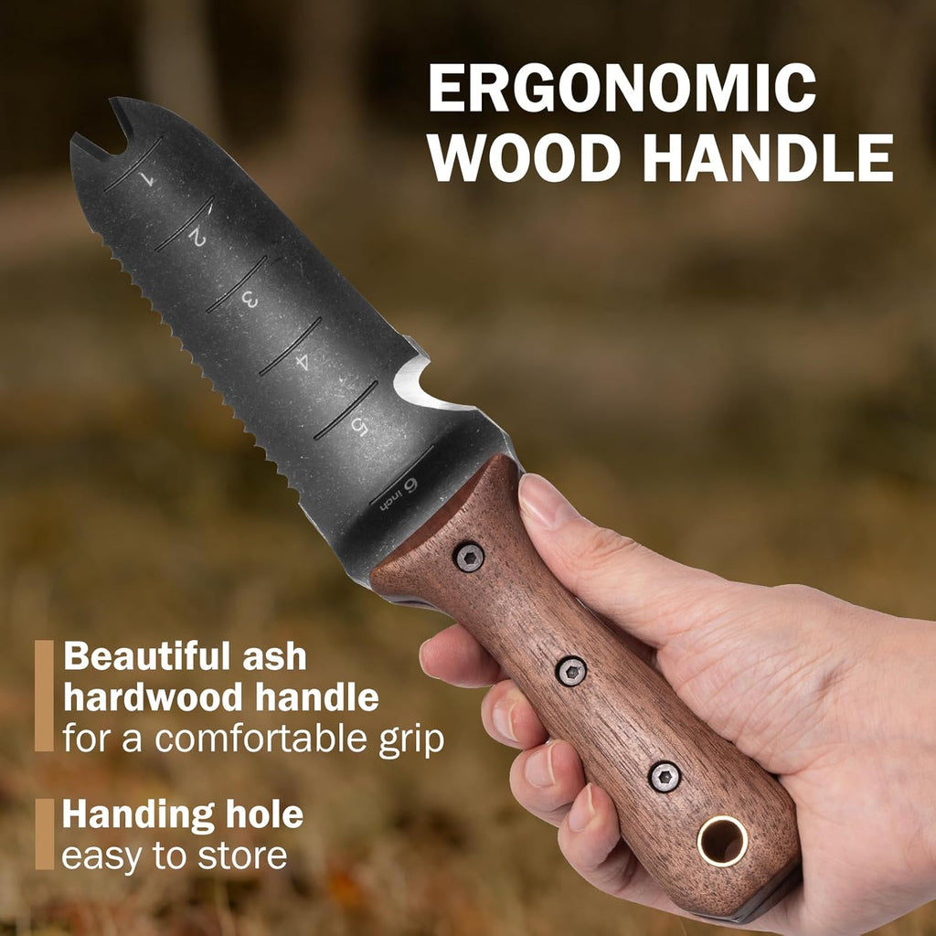 Hori Hori Garden Knife, Garden Tools with Sheath for Weeding,Planting,Digging, 7" Stainless Steel Blade with Cutting Edge, Full-Tang Wood Handle with Hanging Hole