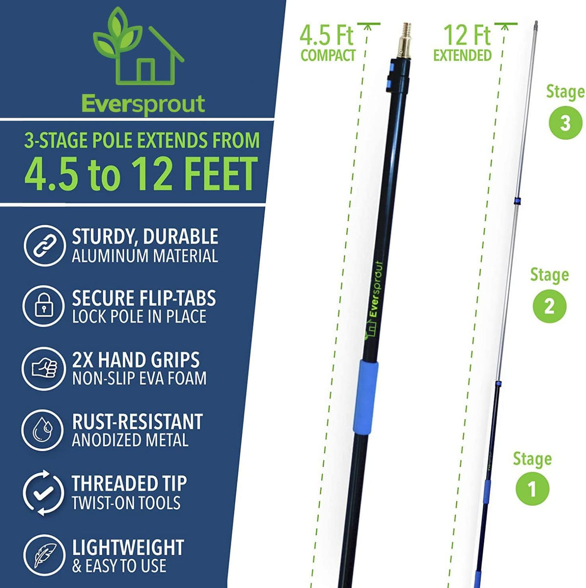 EVERSPROUT 4.5-to-12ft Durable Fruit Picker with 20+ Foot Reach – Telescoping Fruit Picker Pole, Lightweight Twist-On Fruit Picking Tool with Basket, Aluminium Extension Pole for Tree Fruit Harvesting