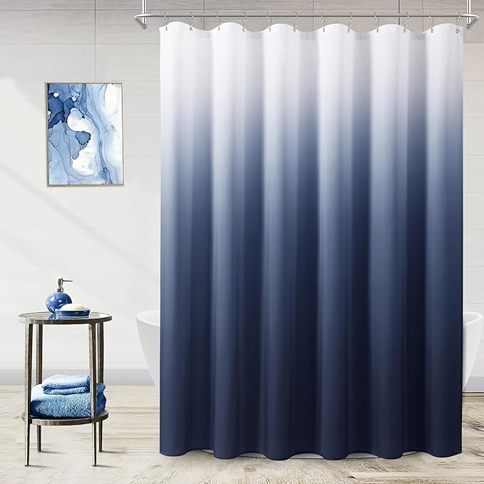 Navy Blue and White Shower Curtains for Bathroom, Ombre Indigo Royal Light Blue Cloth Fabric Shower Curtain Set with 12 Hooks Royal Indigo Bathroom Decor 72 x 72