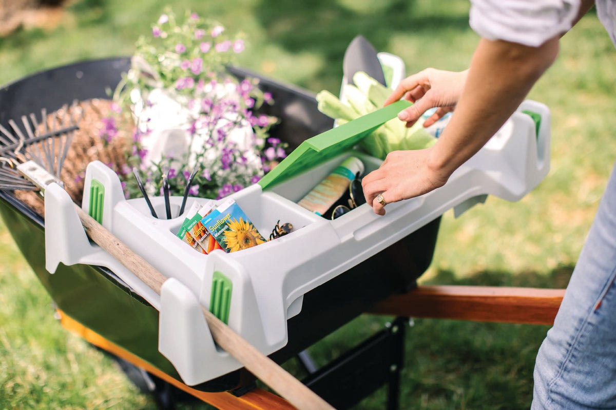 The Burro Buddy, USA Made Lawn/Garden Tray for All 4-6 cu. ft. wheelbarrows. Holds rake, Shovel, Short Handle Tools, Drinks & Water Tight Storage for Phone. Wheelbarrow not Included. Great Gift!