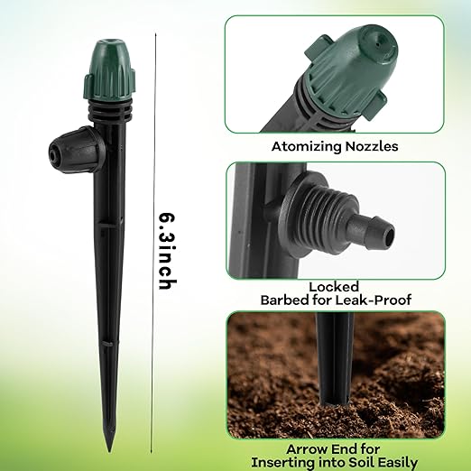30Pcs Irrigation Misters Emitters for 1/4" Drip Tubing,Adjustable 360 Degree Automatic Atomizing Nozzles on 6.3" Arrow Stake Micro Spray Irrigation Kits for Patio Misting Plant Watering System