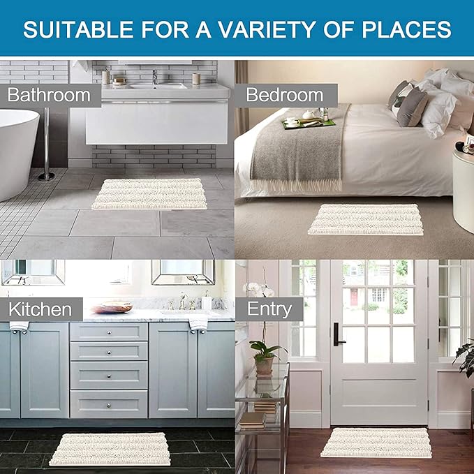 H.VERSAILTEX Bathroom Rugs Bath Rugs for Bathroom Non Slip Bath Mats Extra Thick Chenille Striped Rug 17" x 24" Absorbent Soft Shaggy Washable Dry Fast Bath Mats for Bath Room Floor - Ivory