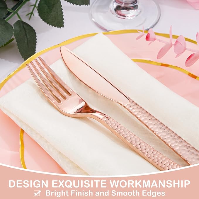Supernal 180pcs Rose Gold Plastic Silverware Heavy Duty Plastic Forks and Spoons, Rose Gold Disposable Silverware Sets Include 60 Forks, 60 Knives and 60 Spoons Suitable for Wedding, Party, Birthday