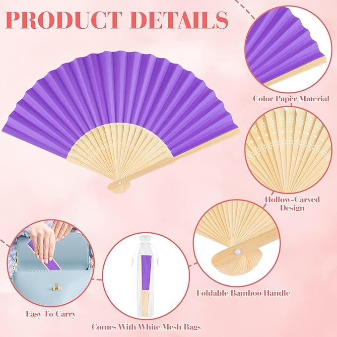 6 Pieces Purple Hand Held Bamboo Folding Fans Foldable Paper Fans Handheld for Women Girls Wedding DIY Decoration Church Home Party Favors Summer