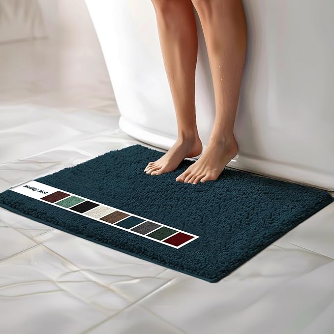 Muddy Mat Chenille Bathroom Rugs Quick Dry Microfiber Mats Non Slip Washable, Extra Thick, Soft and Highly Absorbent Bath Mats for Bathroom, Kitchen, and Shower Floor - Atlantic Blue Large 35"X24"