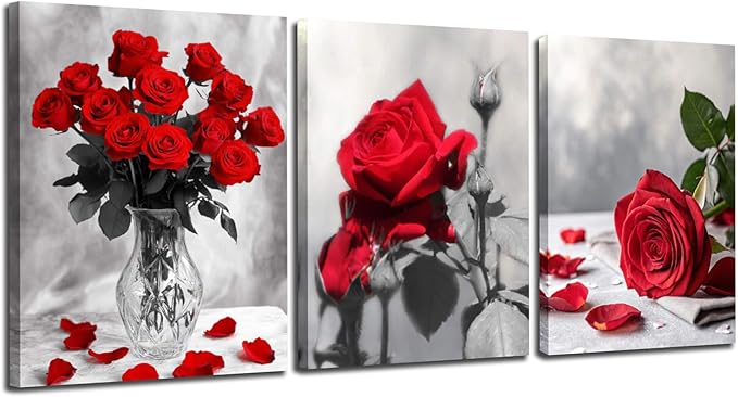 Arjun Rose Wall Art Flower Red Floral Painting Modern Elegant Bloosom Modern Pictures Framed for Living Room Bedroom Bathroom Dinning Room Kitchen Home Office Wall Decor, 12"x16"x3 Panels