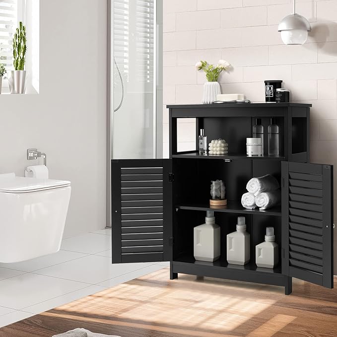 GLACER Bathroom Floor Cabinet, Wooden Storage Cabinet with Double Shutter Doors & 3-Position Adjustable Shelf, Side Storage Organizer, 23.5 x 12 x 31.5 inches (Black)