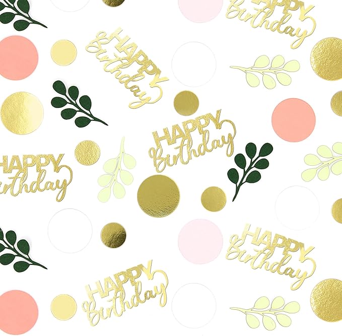 300PC Pink and Sage Green Happy Birthday Confetti for Table Boho Birthday Decorations for Women/Girl Round Dots Eucalyptus Table Scatters Party Supplies