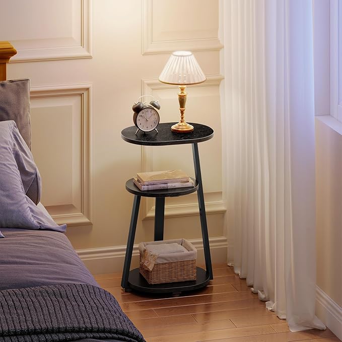 Side Table, Small End Table with Metal Frame, 3-Tier Bedside Tables, Round Side Tables for Living Room Bedroom Couch Bathroom, Oval, Pure Black