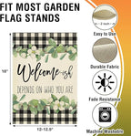 Artofy Welcome-ish Depends on Who You Are Small Decorative Garden Flag, Funny Family Buffalo Plaid Botanical Yard Lawn Outside Decor, Humorous Burlap Outdoor Home Decoration Double Sided 12 x 18