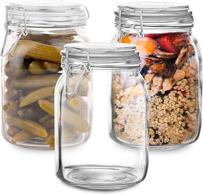 Set of 3 Mason Jars with Lid (1 Liter) | Airtight Glass Storage Containers for Food, Flour, Pasta, Coffee, Candy, Dog Treats, Snacks & More | Glass Organization Canisters | 34 Ounces