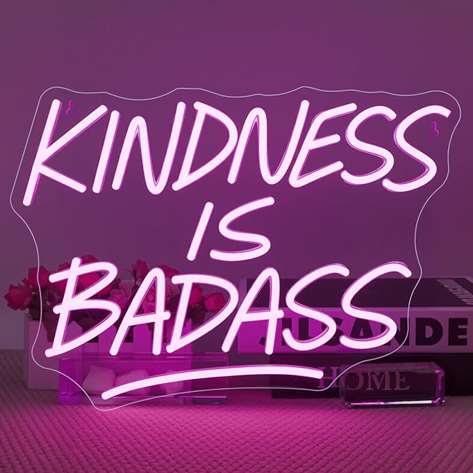 KINDNESS IS BADASS Neon Sign – Pink LED Wall Light, Inspirational Neon Word Sign for Bedroom, Dorm, Living Room, Office & Gift Décor