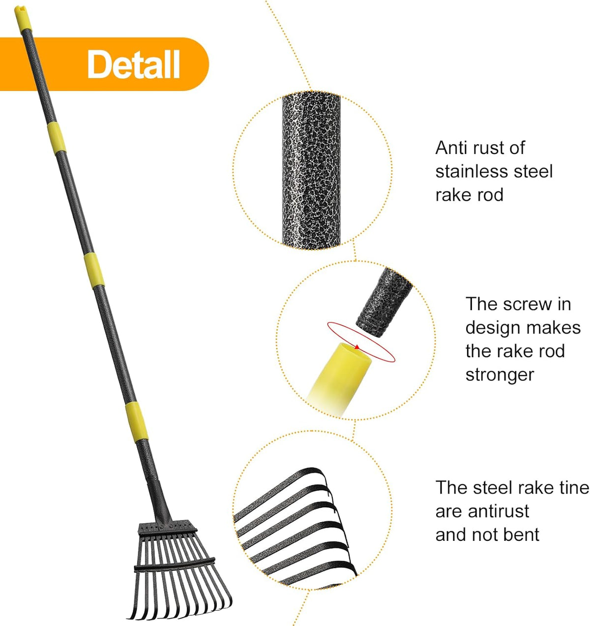 73" Leaf Rake- 11 Metal Tines 8.5" Wide- Small Leaves Rakes for Gardening- Adjustable Metal Leaf Rake for Picking Leaves Yard Women Kids Gardening RV Camping