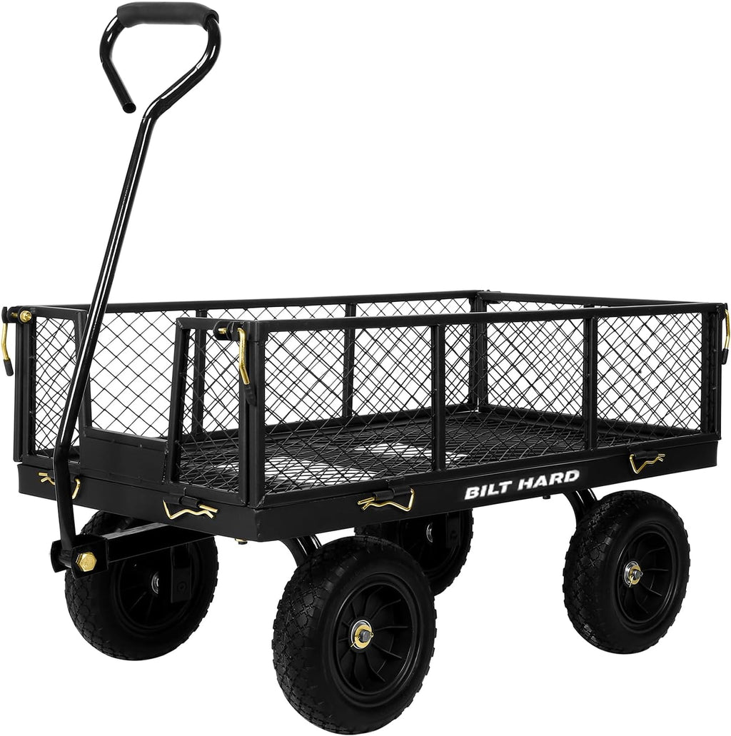 BILT HARD 10" Flat Free Tires Heavy Duty Garden Cart with 180° Rotating Handle and Removable Sides, 4 Cu.Ft 400 lbs Capacity Utility Steel Wagons for Outdoor