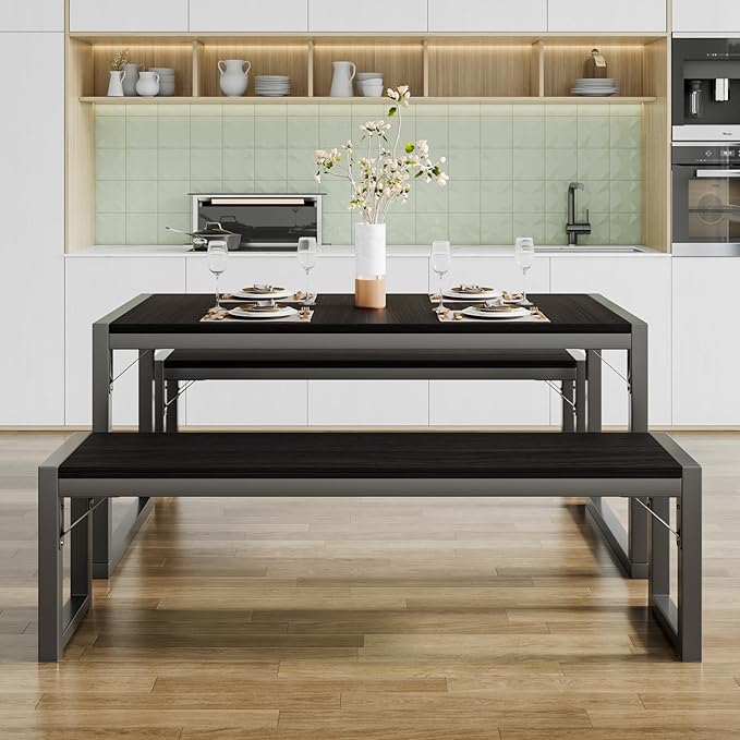 SHA CERLIN Kitchen Dining Table Set for 4 with Benches, Rustic Small Space Saving Dinette, Heavy Duty Metal Frame